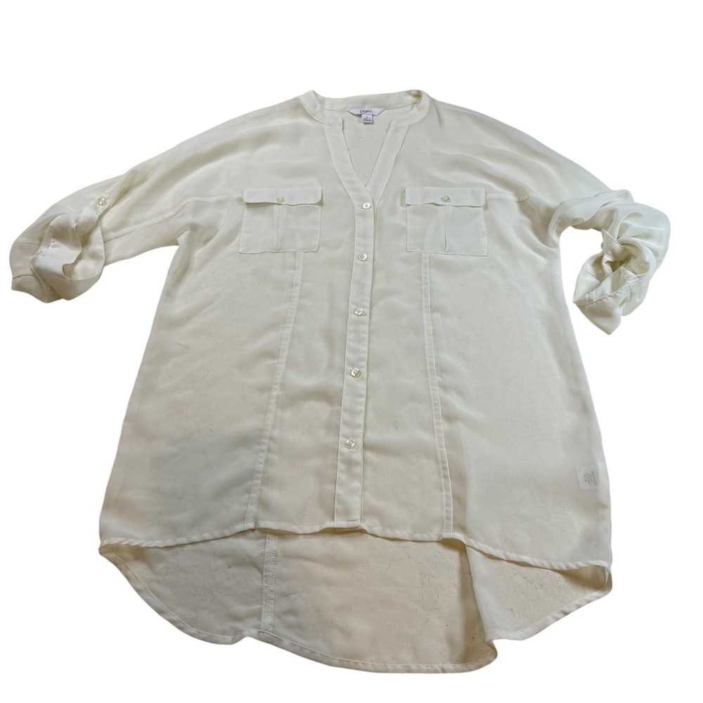 Candies Women's‎ Cream Roll Tab Sleeve Button Down Tunic Top Size S